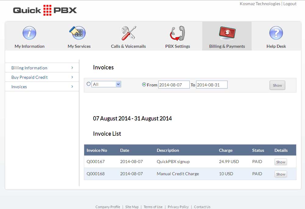 Virtual PBX Invoices